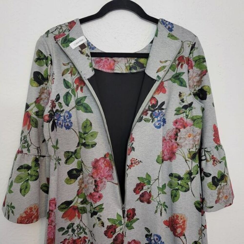 Calvin Klein Dress 12 Gray Floral Bell‎ Sleeves Zip - Picture 7 of 8